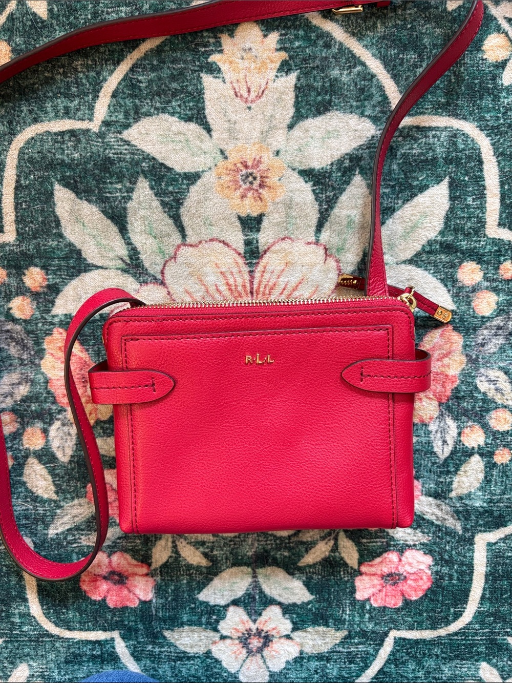NWOT Ralph Lauren Red Leather Crossbody Bag with Gold Hardware Adjustable Strap.